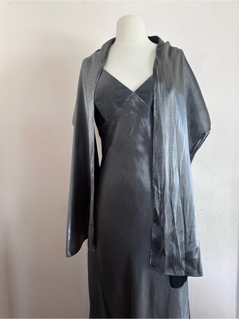 90s Y2K Iridescent Silver Prom Formal Dress Goth Fairy Sz S Lace Up Back - Picture 7 of 13